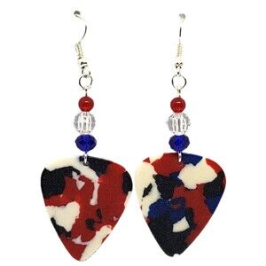 Tie Dye Flag Colors Red White and Blue on Guitar Pick Beaded Earrings Handmade